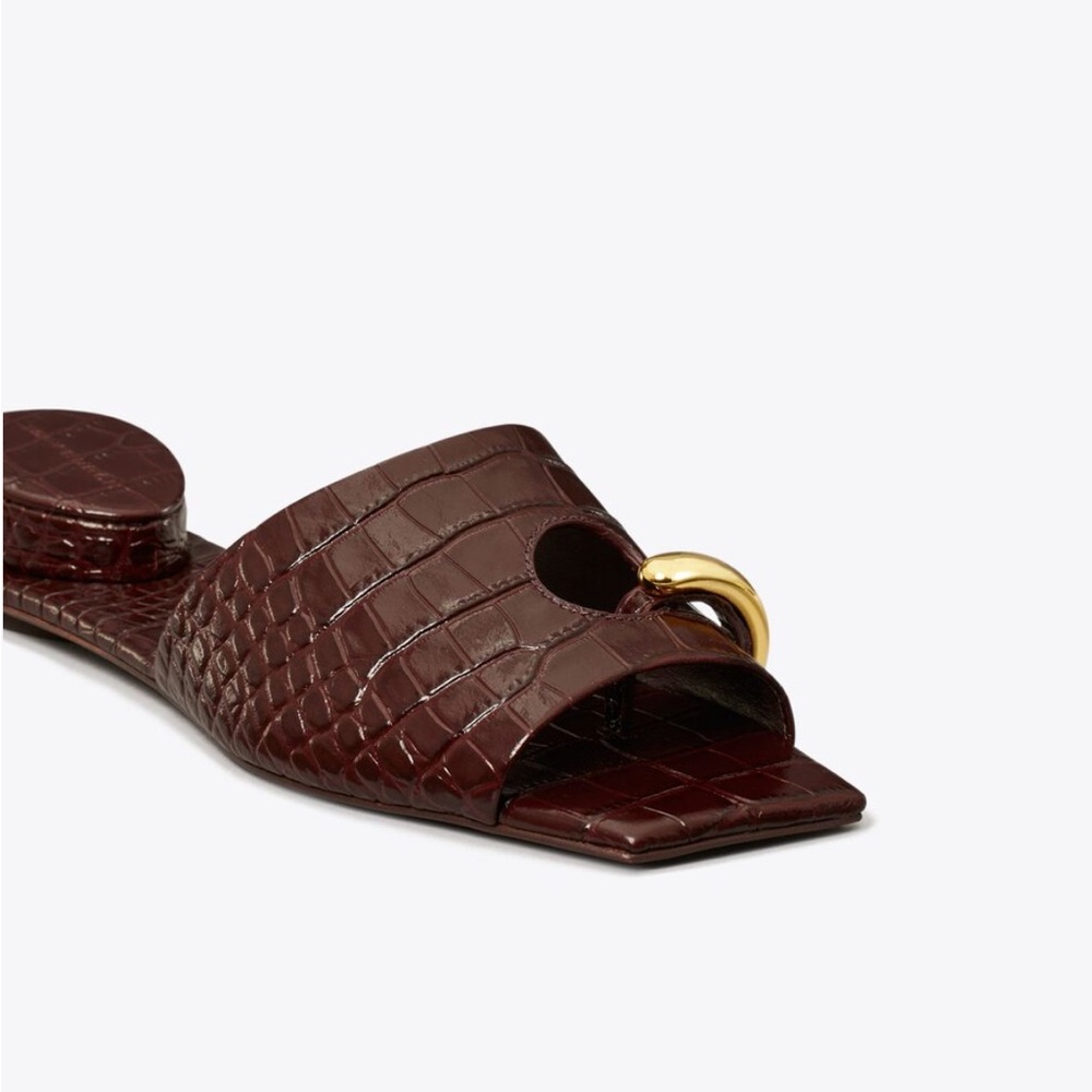 Plum Croc-Embossed Slide Sandals with Gold Accent